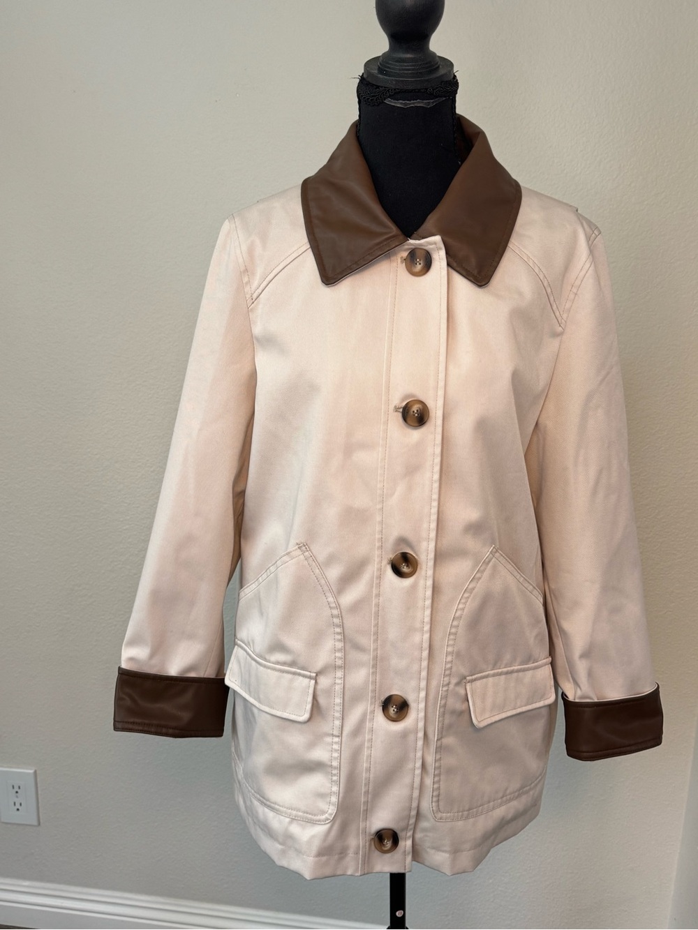 Sanctuary Cream Brown Contrast Collar Button Front Jacket Size M